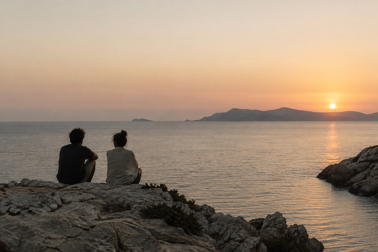 Two people sitting together beside the sea at sunset