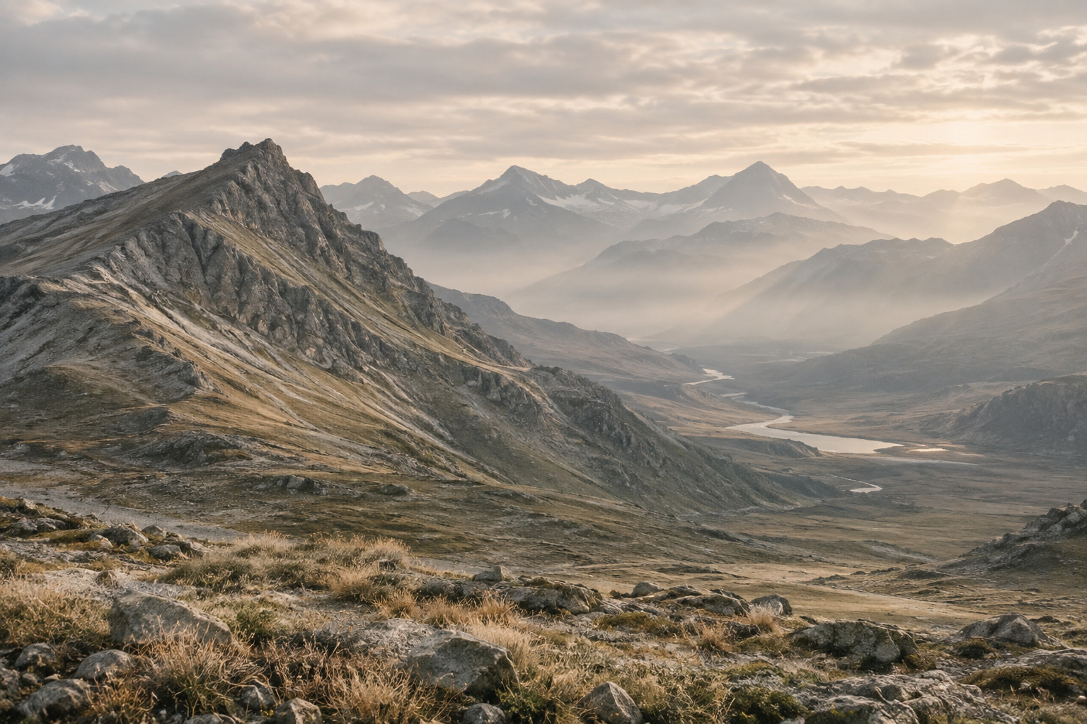 A quiet alpine valley in soft morning haze