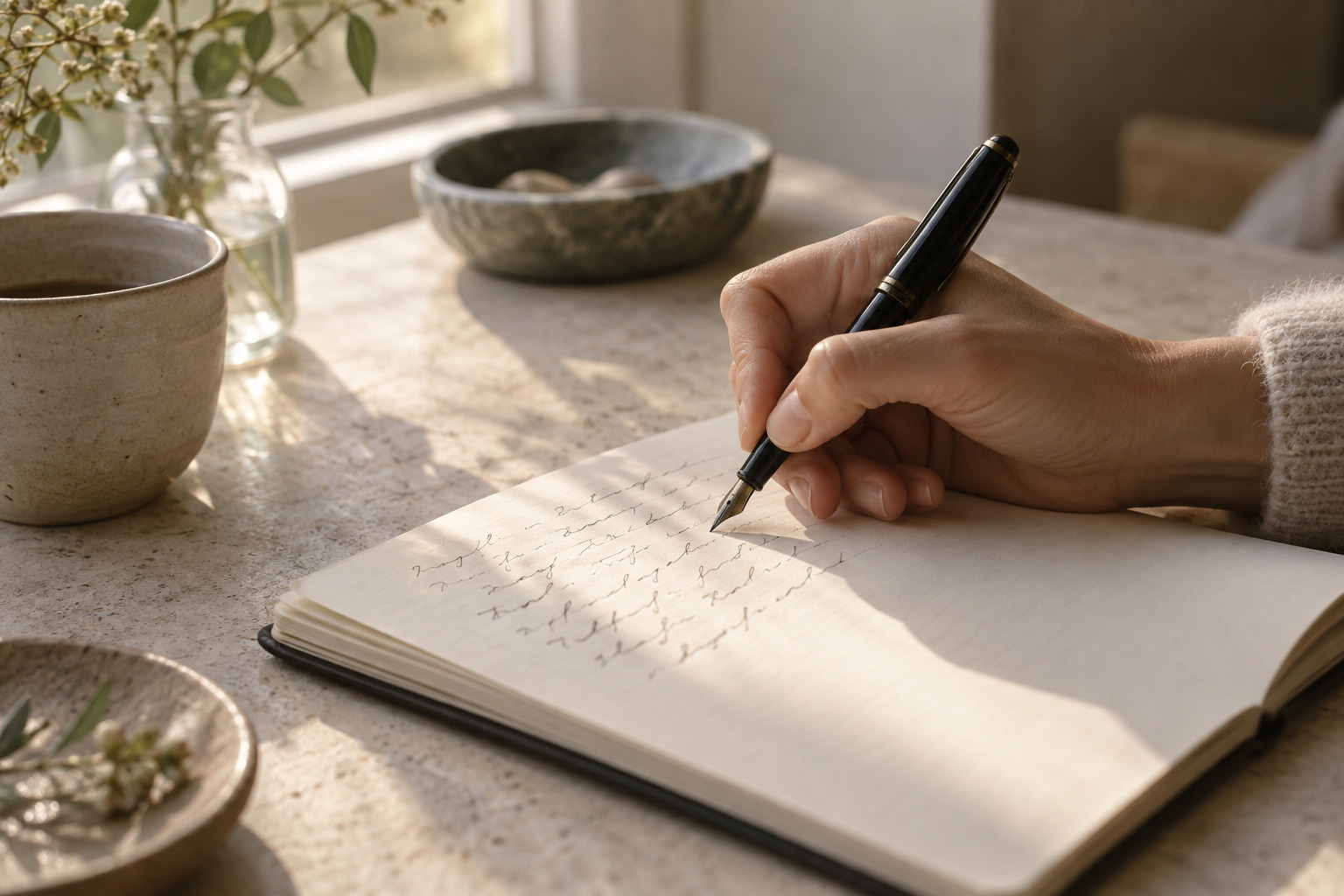 A hand writing quietly in a cream paper journal